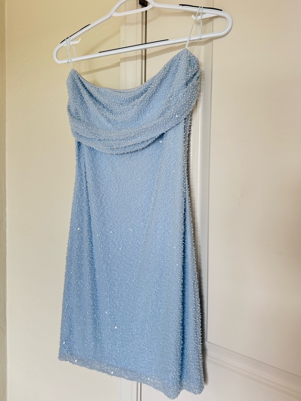 Light blue strapless beaded mini dress
